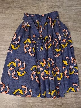 Vintage Navy Skater Skirt with Yellow & Coral Goldfish Print
